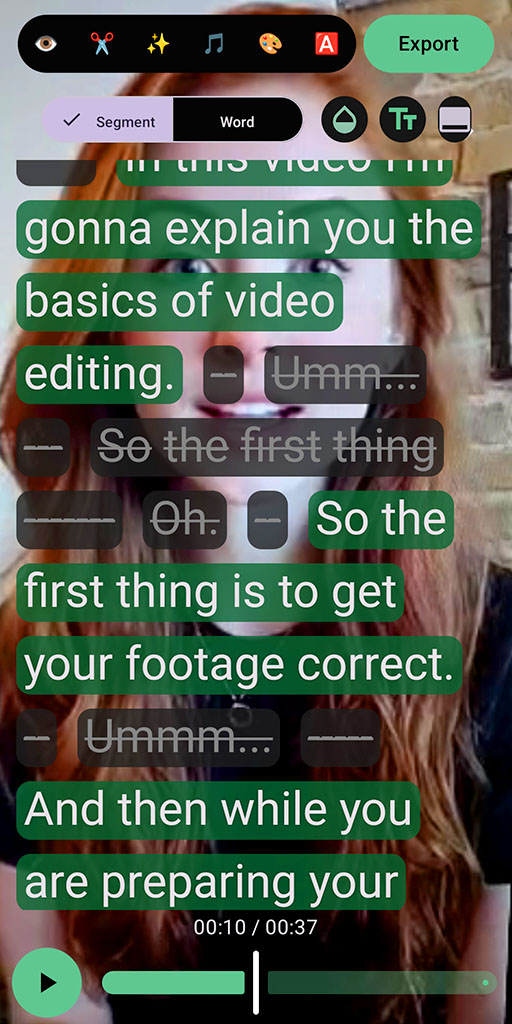 Remove filler words screenshot