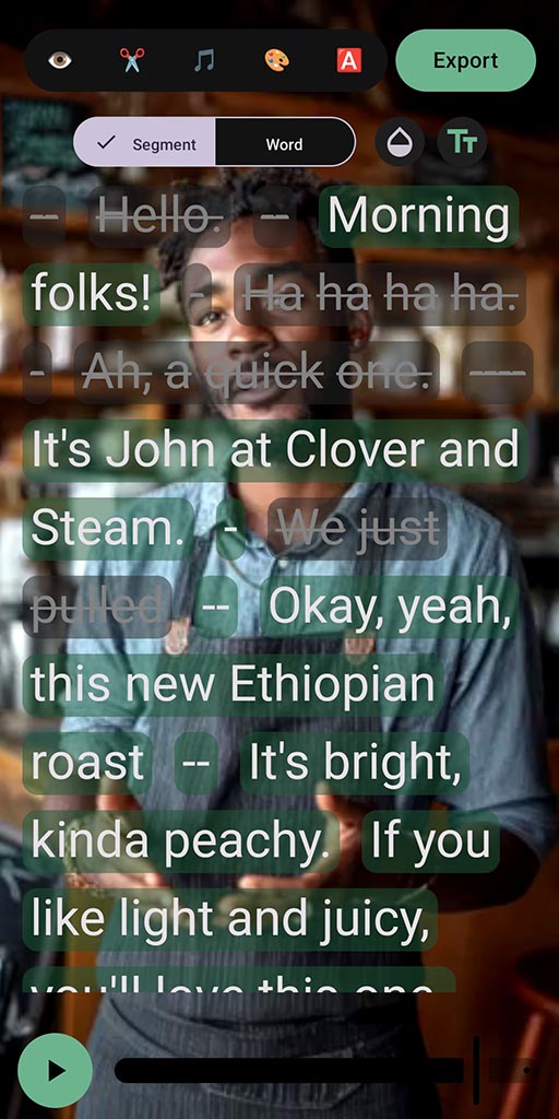 SpeechCut editor showing transcript-based video editing