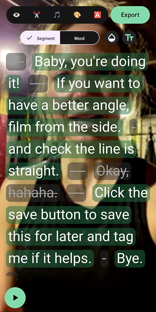 SpeechCut transcript editing screen